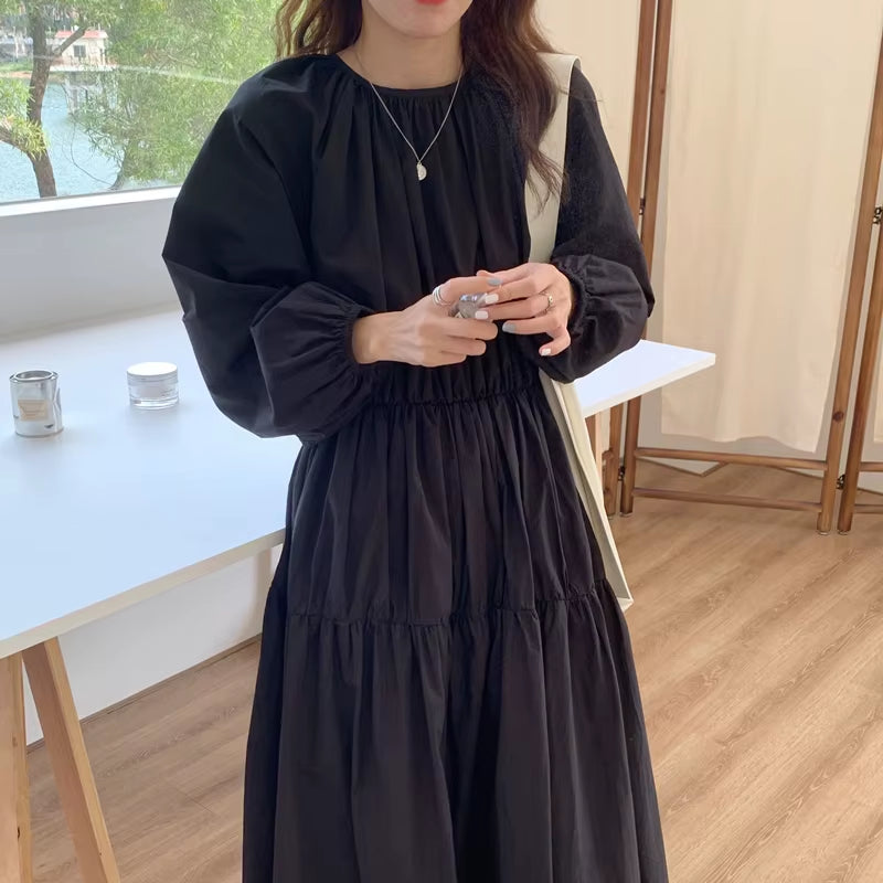 Autumn Vintage Long Black Dress Women Puff Sleeve Cascading Folds Slim Waist A-Line Pullover Maxi Dresses Female
