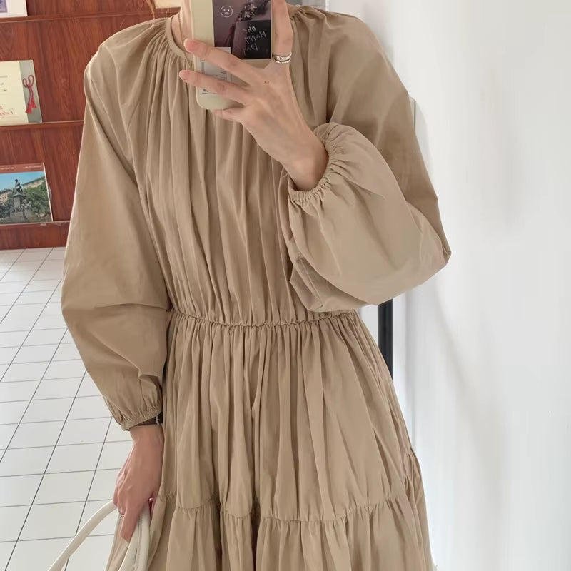 Autumn Vintage Long Black Dress Women Puff Sleeve Cascading Folds Slim Waist A-Line Pullover Maxi Dresses Female