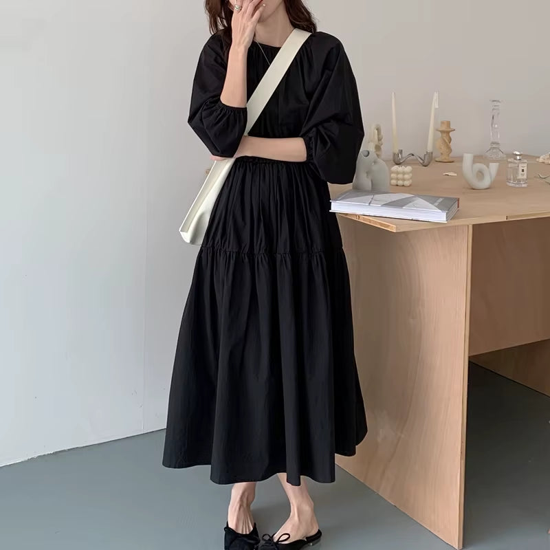 Autumn Vintage Long Black Dress Women Puff Sleeve Cascading Folds Slim Waist A-Line Pullover Maxi Dresses Female