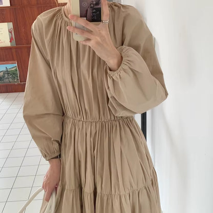 Autumn Vintage Long Black Dress Women Puff Sleeve Cascading Folds Slim Waist A-Line Pullover Maxi Dresses Female