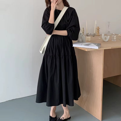 Autumn Vintage Long Black Dress Women Puff Sleeve Cascading Folds Slim Waist A-Line Pullover Maxi Dresses Female
