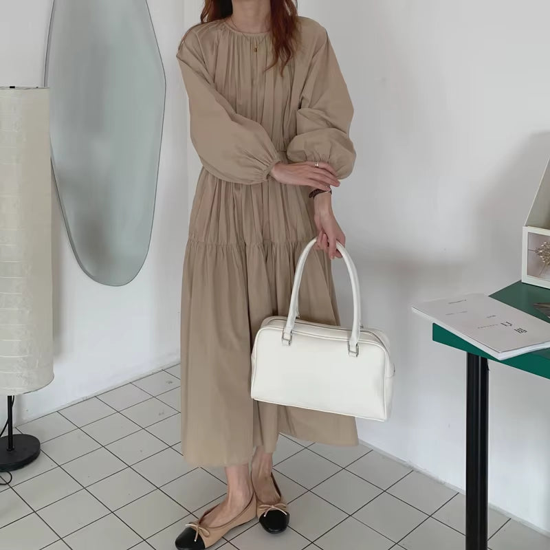 Autumn Vintage Long Black Dress Women Puff Sleeve Cascading Folds Slim Waist A-Line Pullover Maxi Dresses Female